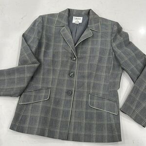 Vintage Le Suit Blazer Women’s Size 12 Gray Mint Plaid Long Sleeve Button Front
